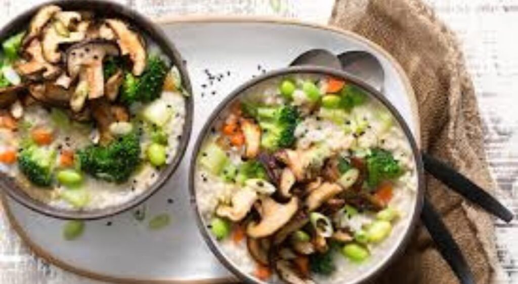 Brown Rice Congee with Chicken, Edamame, and Crispy Mushrooms